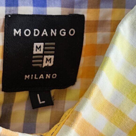 Modango Yellow Gingham Plaid 100% Cotton Short Sleeve Shirt - Picture 3 of 4